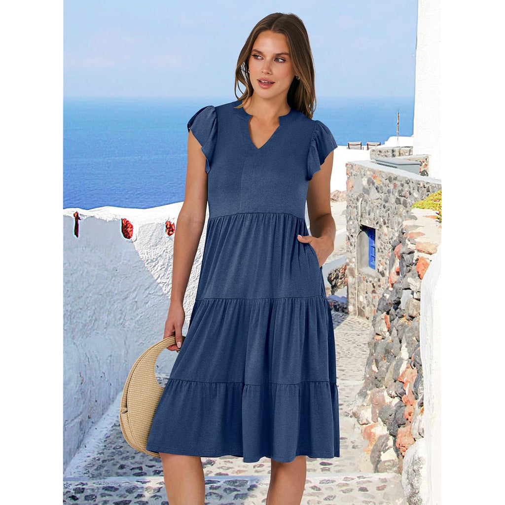 Anrabess Womens Summer Dress Ruffle Sleeve V Neck Midi Dresses Fashion Casual Fit Flowy Tiered Boho Beach Vacation Sundress
