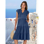 Anrabess Womens Summer Dress Ruffle Sleeve V Neck Midi Dresses Fashion Casual Fit Flowy Tiered Boho Beach Vacation Sundress