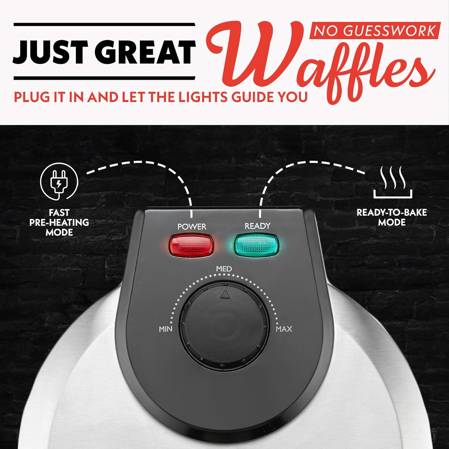 Gourmia Belgian Waffle Maker – Compact Design with Upright Storage, Adjustable Browning, and Easy-Clean Nonstick Ceramic Plates, Stainless Steel