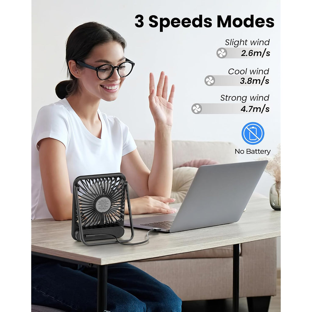 Koonie Usb Desk Fan, Strong Wind Ultra Quiet Small Mini Fan | 180° Tilt Folding & 3 Speeds Adjustable, Usb-C Corded Powered Personal Fan For Office Desktop Bedroom, Black, No Battery