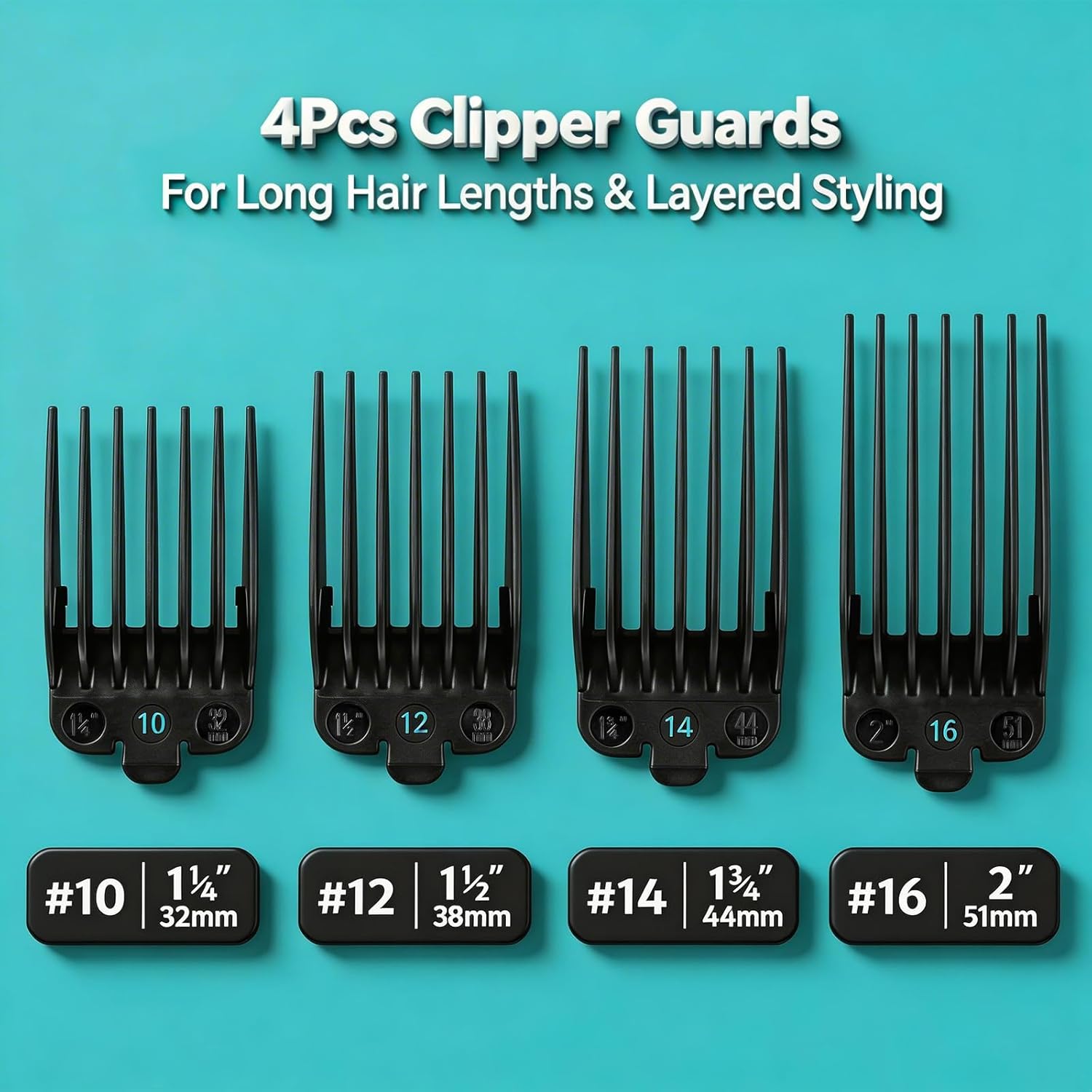 Clipper Guards Set 16 14 12 10 Compatible with Most Wahl Clippers, Clipper Guides Replacement - 1.25" to 2", 4 Piece Set, Black Color