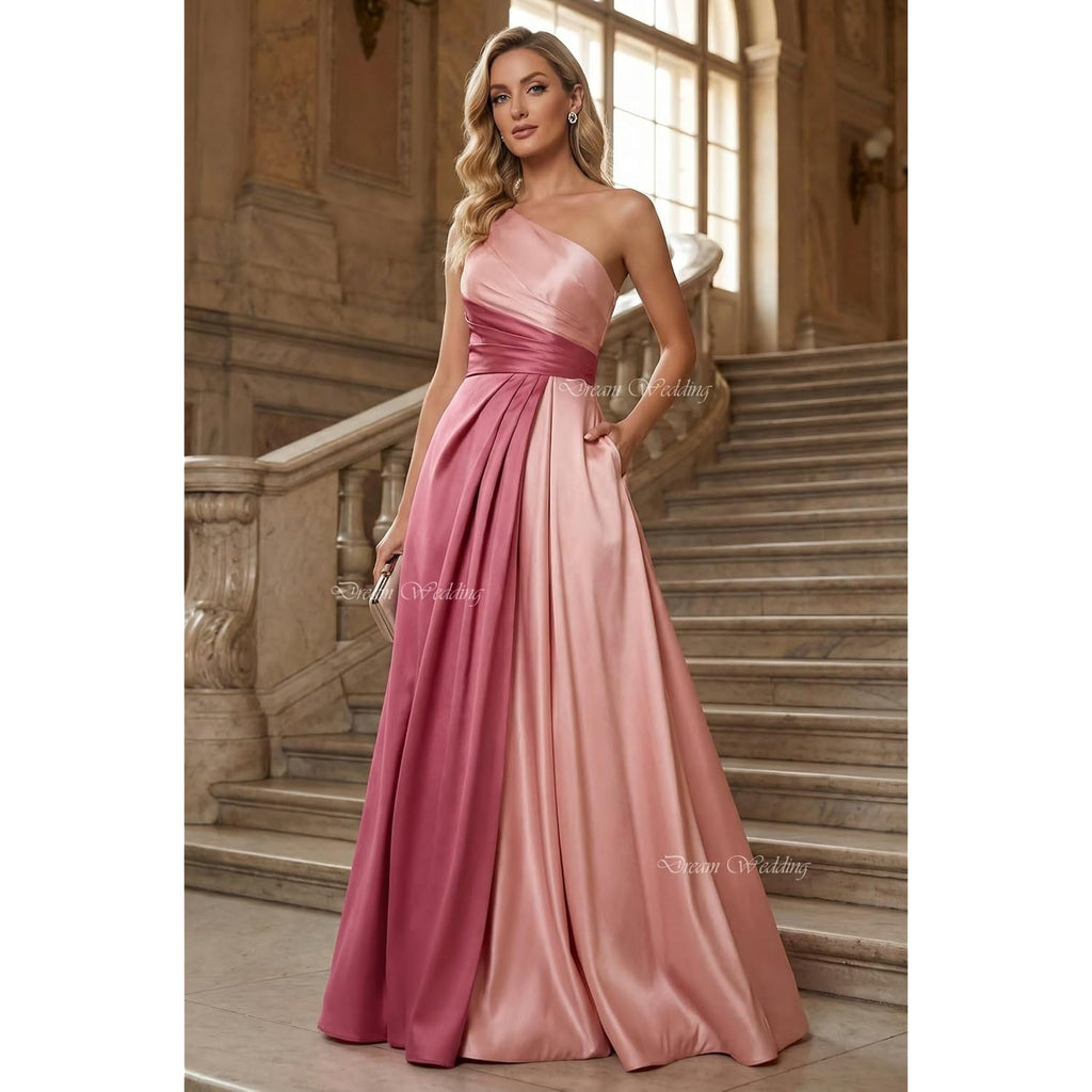 Dream Wedding Women Patchwork Satin Prom Dresses With Pockets One Shoulder Long Ball Gowns A-Line Formal Evening Dr0922A