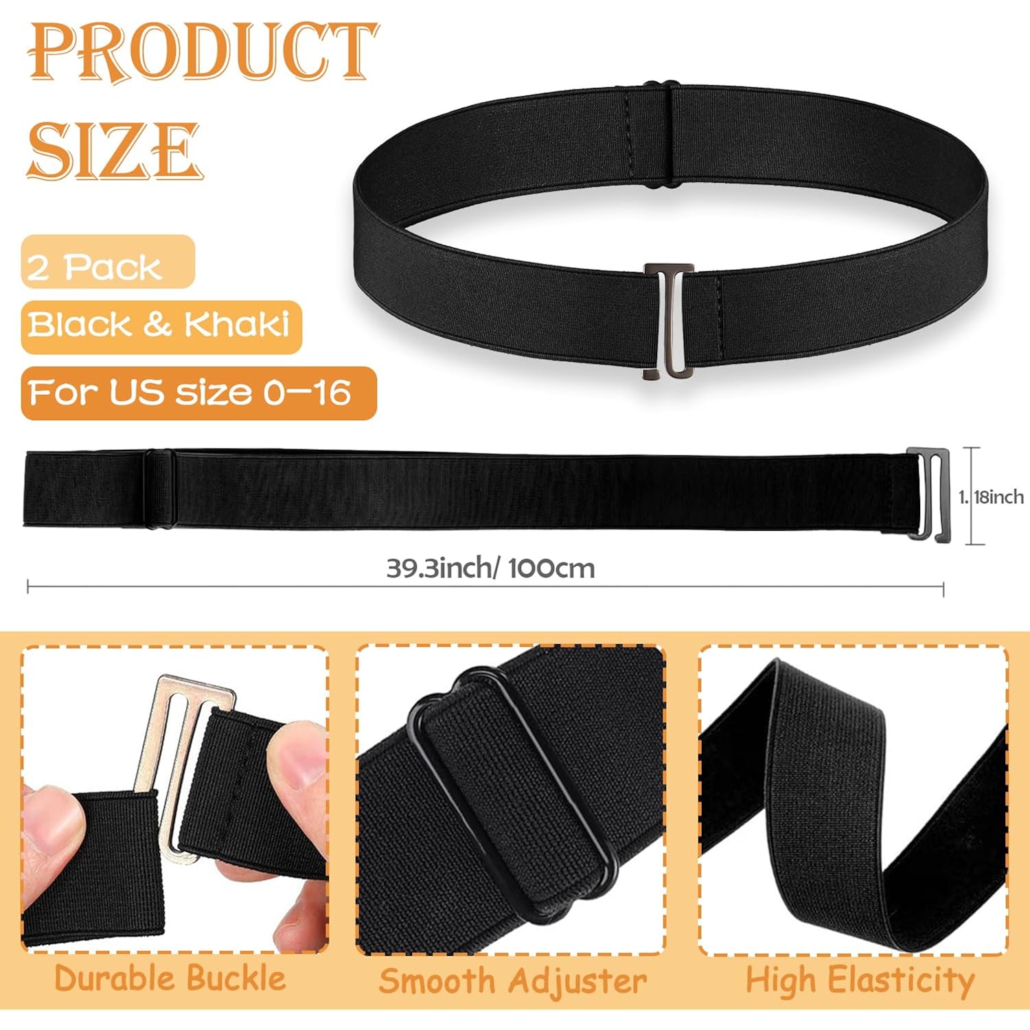 HAWOWZ 2Pcs No Show Stretch Belt for Women Invisible Elastic Tuck Band, Adjustable Strap Crop Belt with Flat Buckle for Jeans Pants Dresses