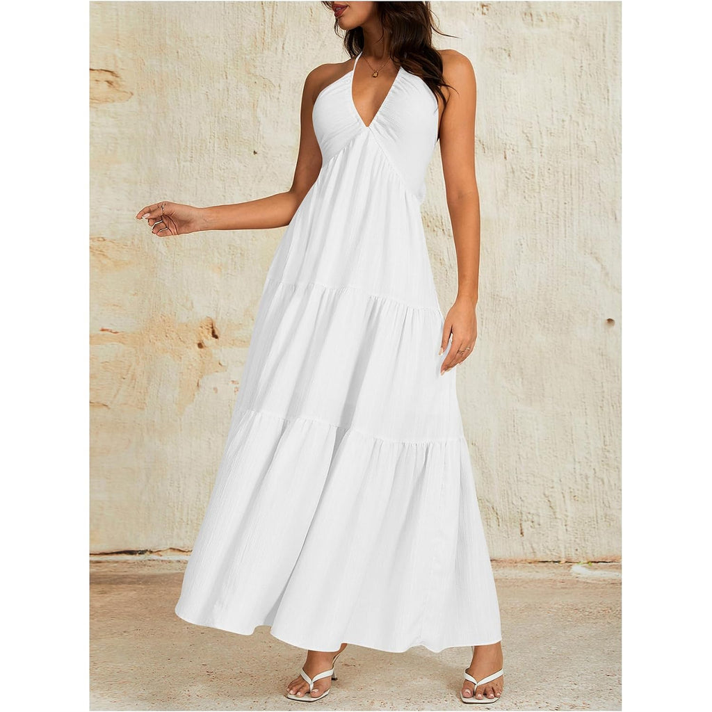Oyoangle Women'S Summer Beach Halter Sundress Formal Wedding Guest Dress Backless Flowy Vacation Boho Maxi Dresses