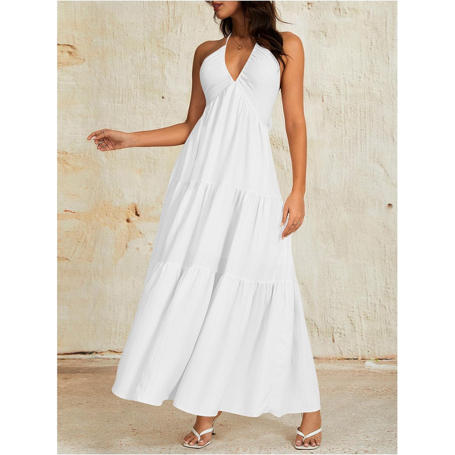 Oyoangle Women'S Summer Beach Halter Sundress Formal Wedding Guest Dress Backless Flowy Vacation Boho Maxi Dresses