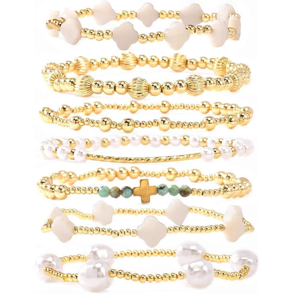 Dainty Cross Clover Gold Beaded Pearl Bracelet Stack for Women,Handmade Boho Gold Plated Beads Stretch Stackable Bracelets Fashion Birthday Prom Jewelry Accessories Mothers Day Gifts Friendship