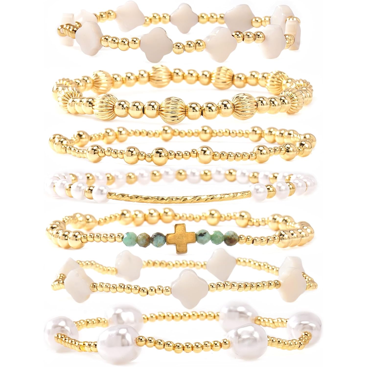 Dainty Cross Clover Gold Beaded Pearl Bracelet Stack for Women,Handmade Boho Gold Plated Beads Stretch Stackable Bracelets Fashion Birthday Prom Jewelry Accessories Mothers Day Gifts Friendship
