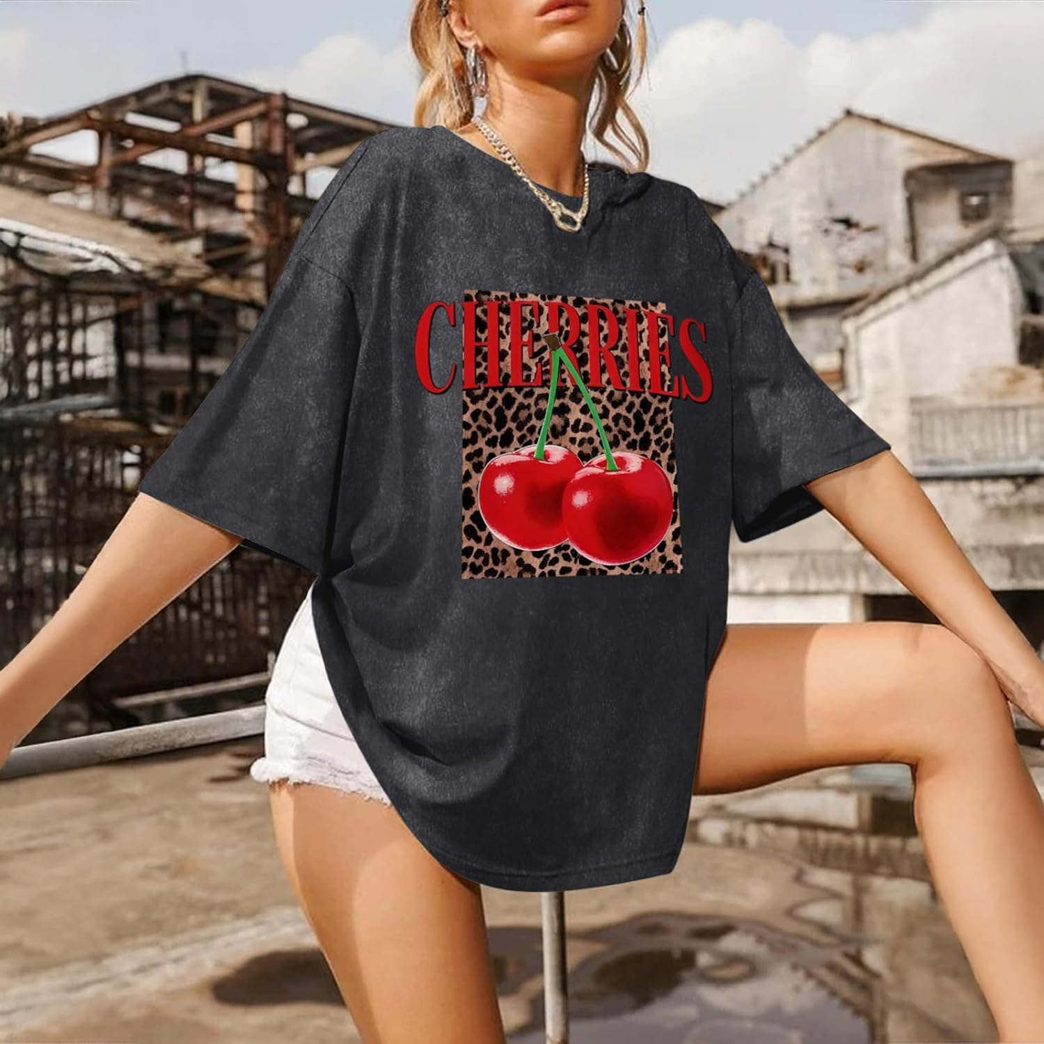 Oversized Cherry Graphic Tees for Women Vintage Leopard Cherry Fruit Shirt Acid Wash Crewneck Streetwear T Shirts Top Black