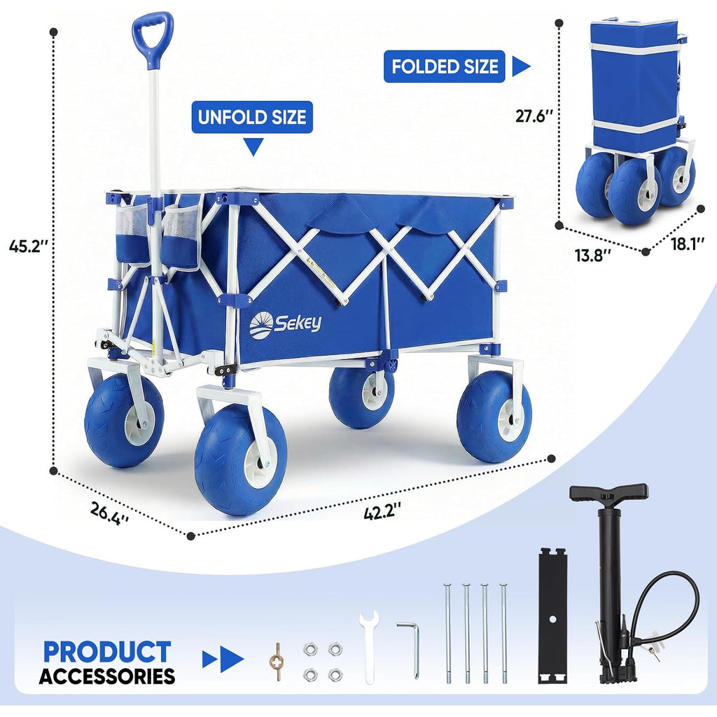 Sekey Heavy Duty Beach Wagon With 9" Big Sand-Proof Wheels – 600Lb Capacity, 200L Oversized Foldable Cart | Adjustable Handle & All-Terrain Tires For Sand, Camping