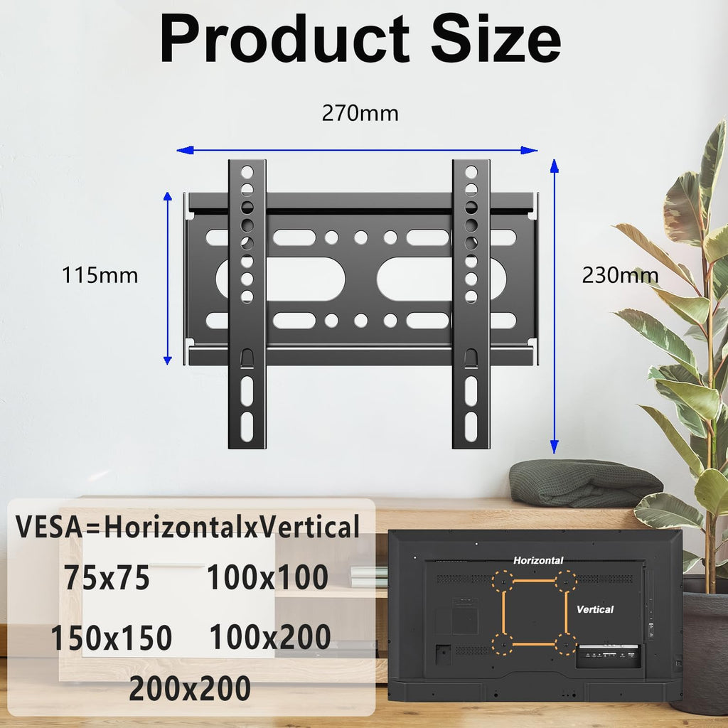 Fixed TV Wall Mount for 14-42" Flat Screen TVs, Small Wall Mount TV Bracket fit 19 24 28 32 35 39 40 inch, VESA Up to 200x200mm 55lbs Max Load, Easy Install Low Profile Monitor Mount Bracket