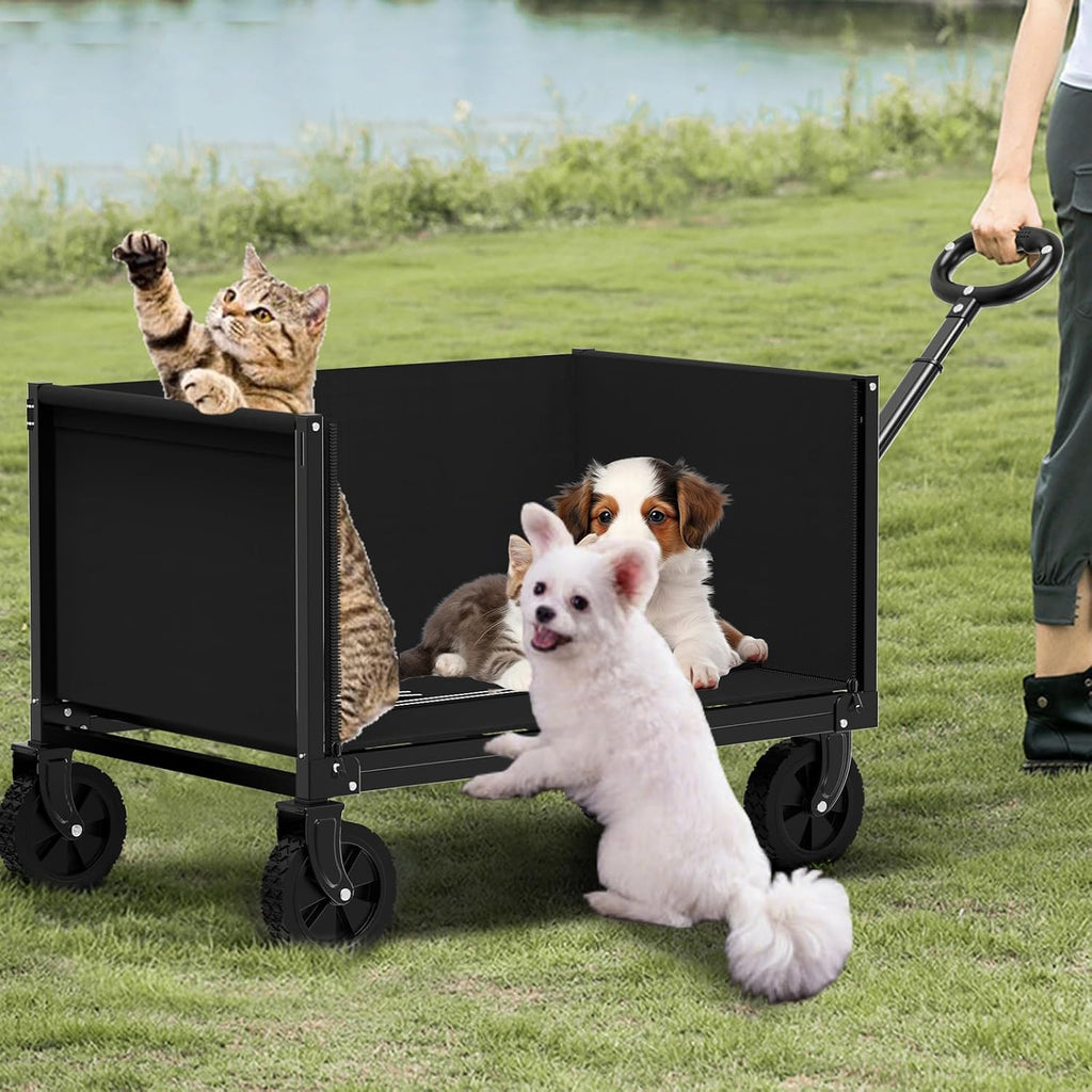3 In 1 Wagons Carts Foldable With 360Lbs Capacity, 120L Heavy Duty Collapsible Wagon, Utility Wagon Cart With Wheels For Grocery, Camping, Shopping, Beach, Garden Black