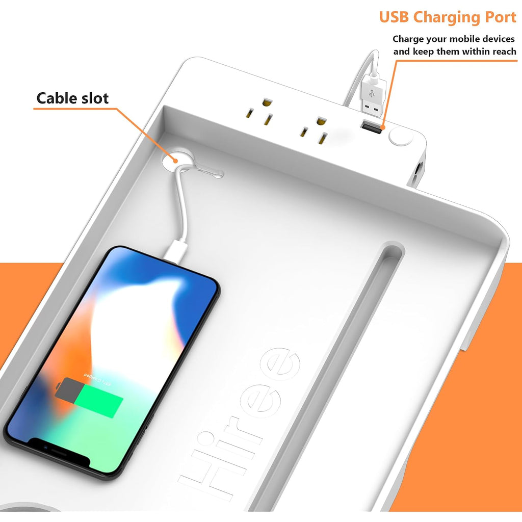 Hiree Bedside Shelf For Dorm Bunk Bed With Usb Charging Port And 2 Ac Outlets, Bedside Caddy, Bunk Bed Extender, Attachable Bedside Table, College Dorm Essential Clip On Bedside Tray, Plus Size, White