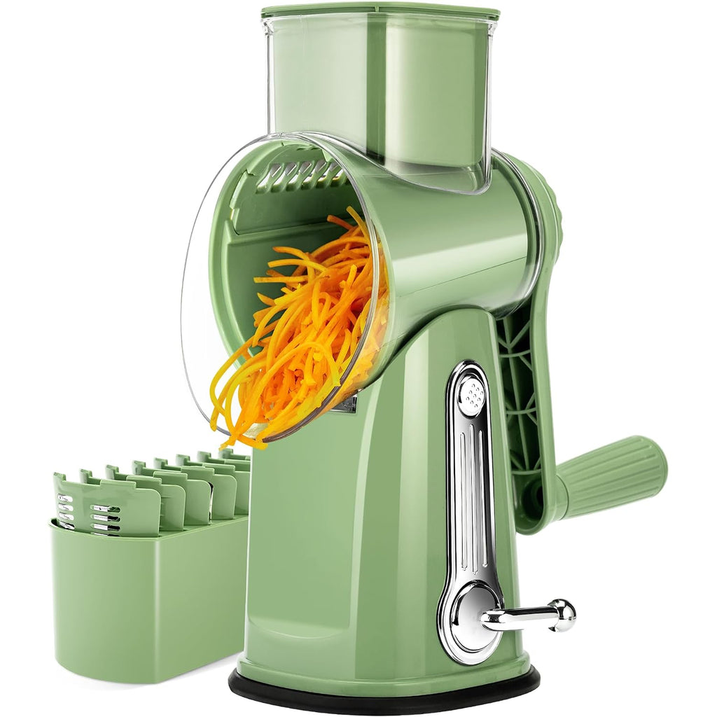 Susteas Rotary Cheese Grater 5 Blades,Kitchen Mandoline Vegetable Slicer | Retro Green, Easy To Clean, Strong Suction Base, 5 Blades Storage Box, Round Mandoline Slicer & Food Chopper For Salad