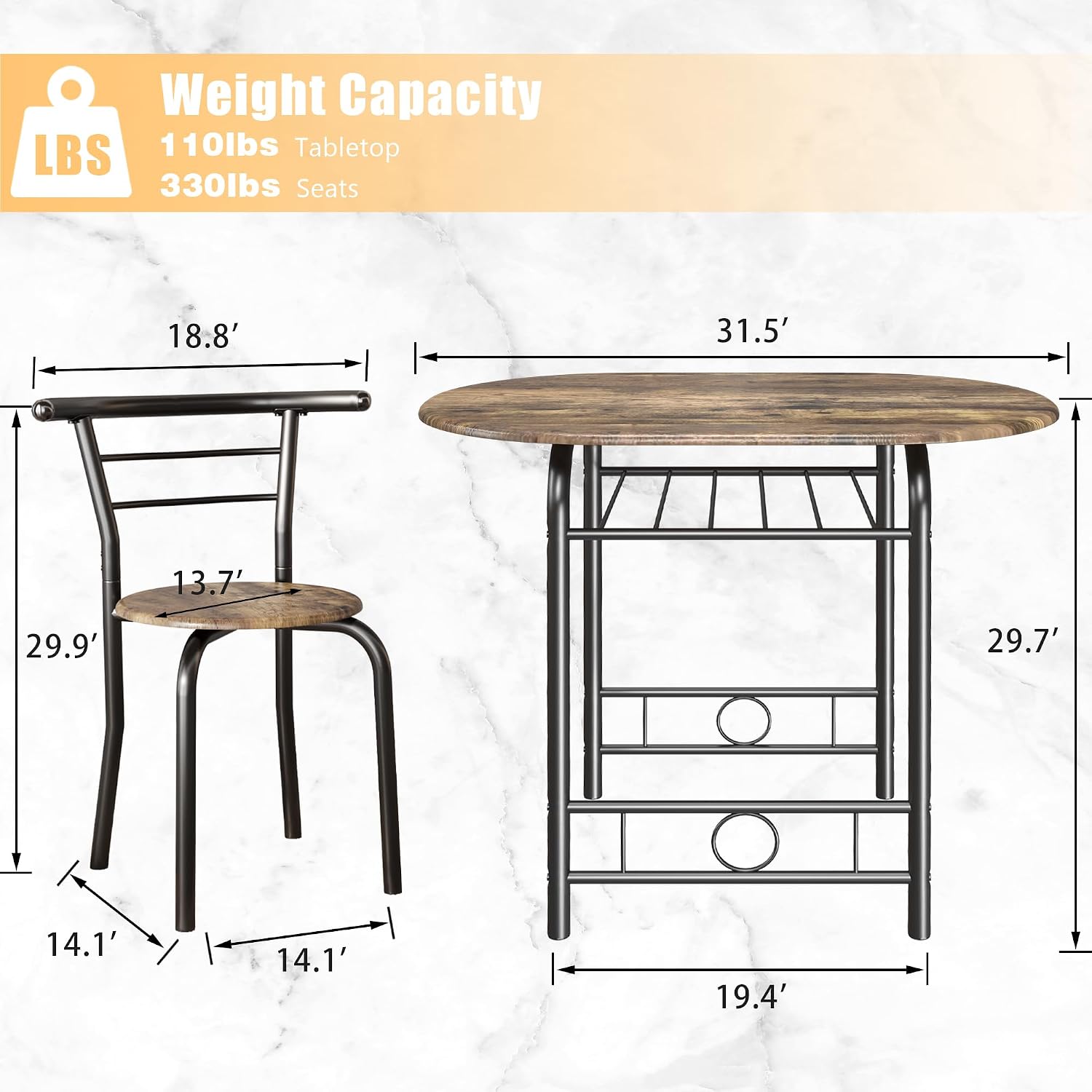 Jummico 3-Piece Wooden Round Table & Chair Set, Space Saving Kitchen Breakfast Nook Wood Grain Tabletop With Metal Frame And Built-In Wine Rack For Kitchen, Dining Room (Walnut/Black)