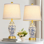 Chinoiserie Ceramic Table Lamps Set Of 2 For Living Room Bedroom Bedside, Traditional Blue Porcelain Classic Table Lamp For Nightstand Entryway, 2 Led Bulbs Included (Gold)