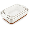 MALACASA Casserole Dishes for Oven, Ceramic Baking Dishes Set of 3, Baking Pan Casserole Dish Set, Rectangular Lasagna Pan Deep with Handles for Baking, Khaki White (14.5''/13''/10.5''), Series TARA