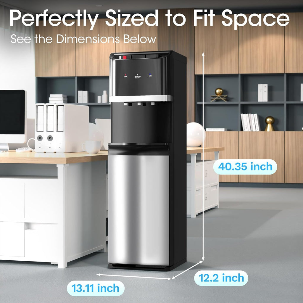 Manastin Bottom Loading Water Cooler Dispenser for 5 Gallon Bottles, Stainless Steel Water Cooler with 3 Temperature Settings - Hot, Cold & Room Water, Ideal Design for Home & Office, Sleek Black