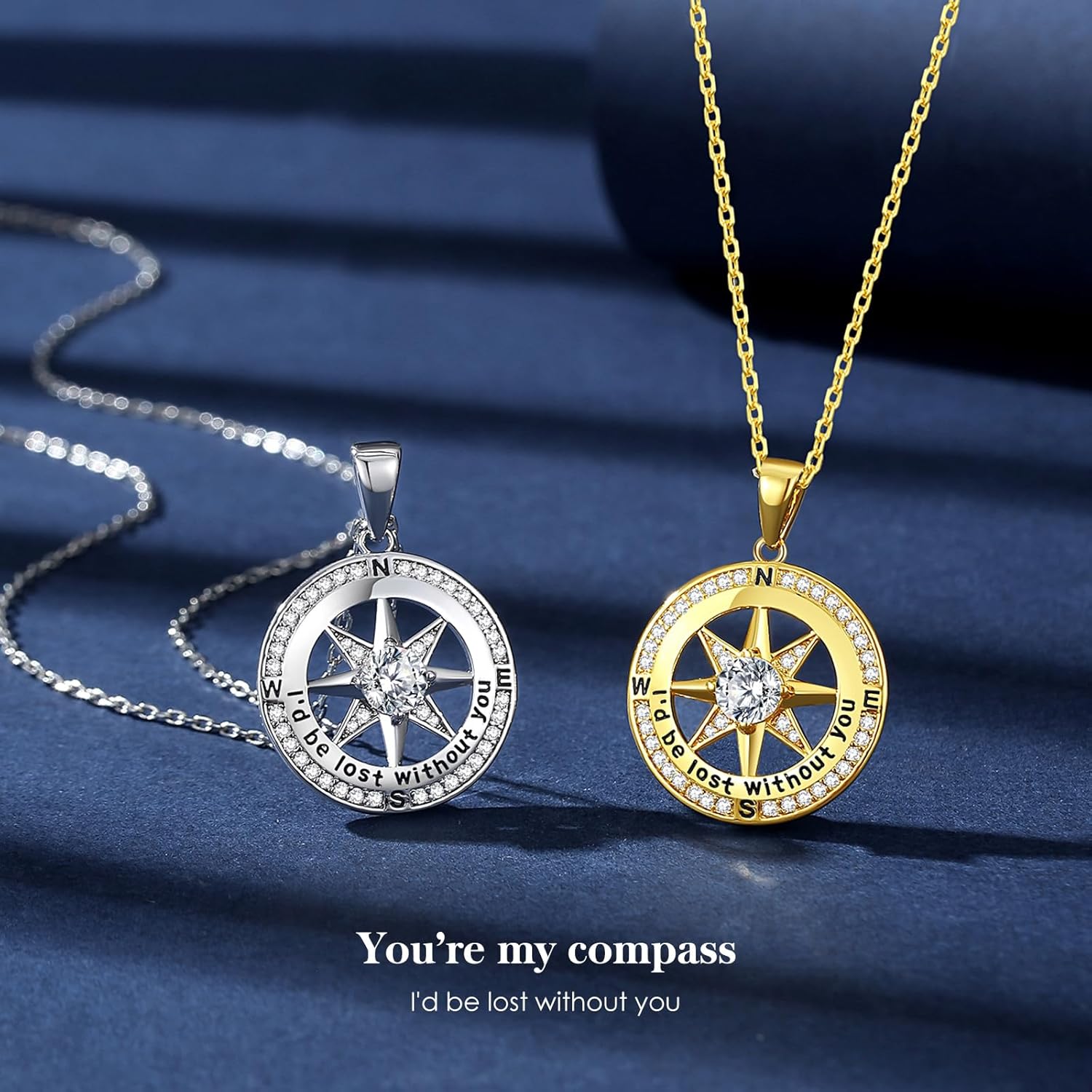 Mkhhy Compass Necklace for Women Jewelry For Her White Gold and Yellow Gold I'd Be Lost Without You(18k Real Gold Filled With S925)