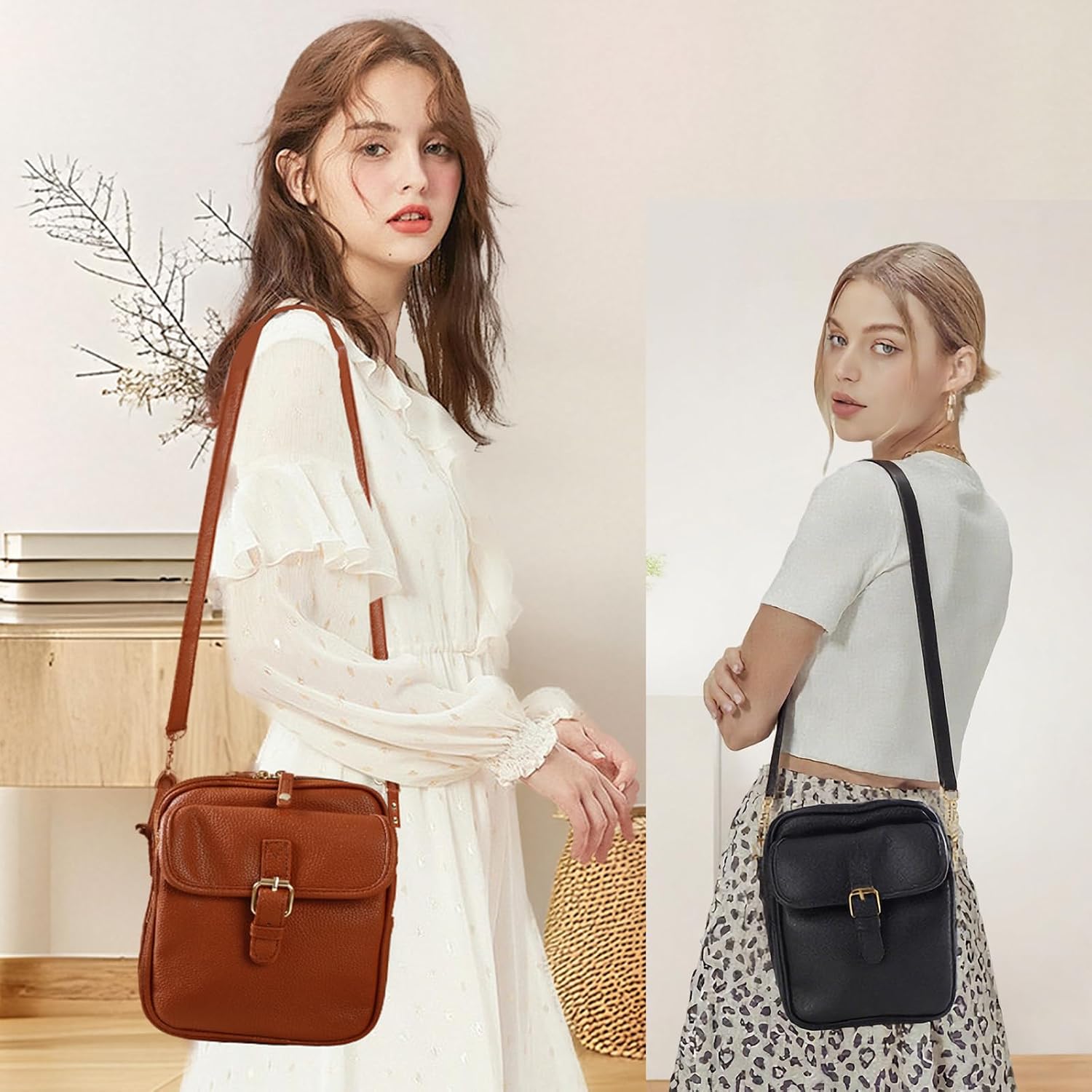 Leather Crossbody Bag For Women,Anti-Theft Messenger Bag With Large Capacity,Built-In Purse Card Slots Shoulder Sling Bag