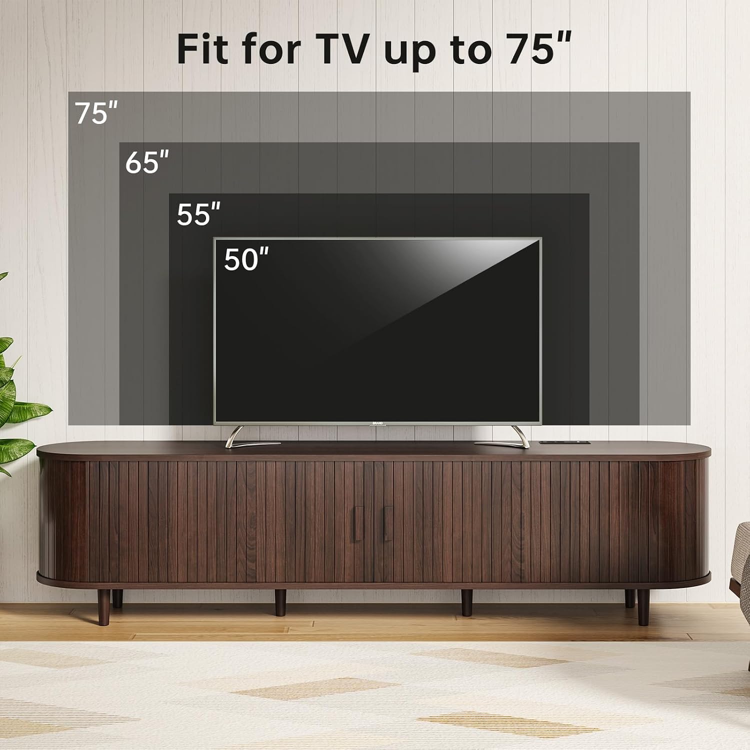 70" Mid Century Modern Tv Stand, Wood Tv Consoles With Sliding Doors And Power Outlet, Entertainment Center With Adjustable Shelves, Fluted Tv Stands For Living Room, Walnut