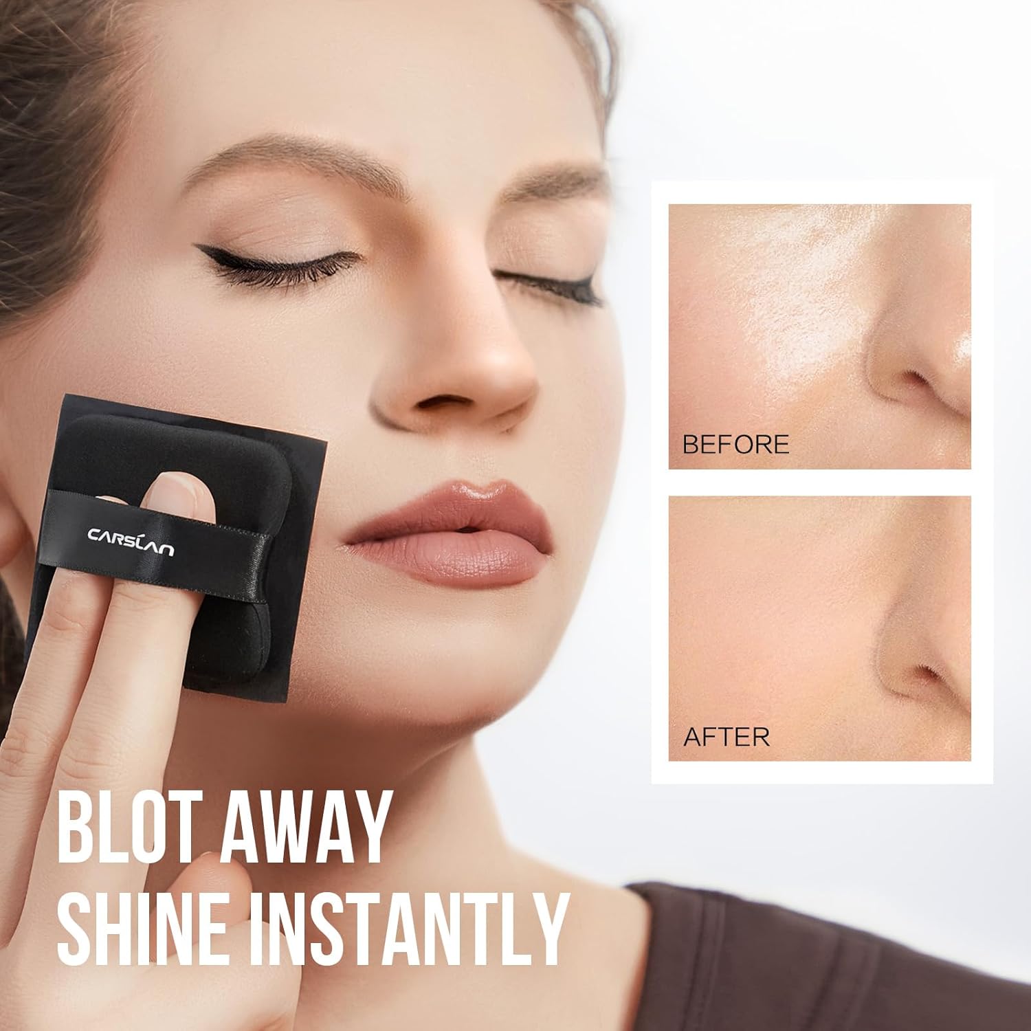CARSLAN Makeup Blotting Paper with Powder, Black Magnet Blotting Sheet for Oily & Combination Skin, Portable Compact with Puff & Mirror, Keeps Makeup Fresh All Day, 150 Sheets + 8 Refill Adhesive Pads