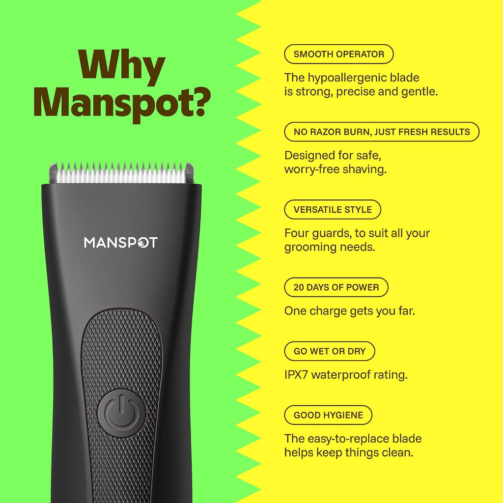 Manspot Manscape Groin & Body Hair Trimmer For Men With Spotglide™ Blade, Electric Ball & Pubic Trimmer Shaver, Replaceable Ceramic Blade, Ipx7 Waterproof Wet/Dry, 90-Min Runtime, 4 Guard Combs
