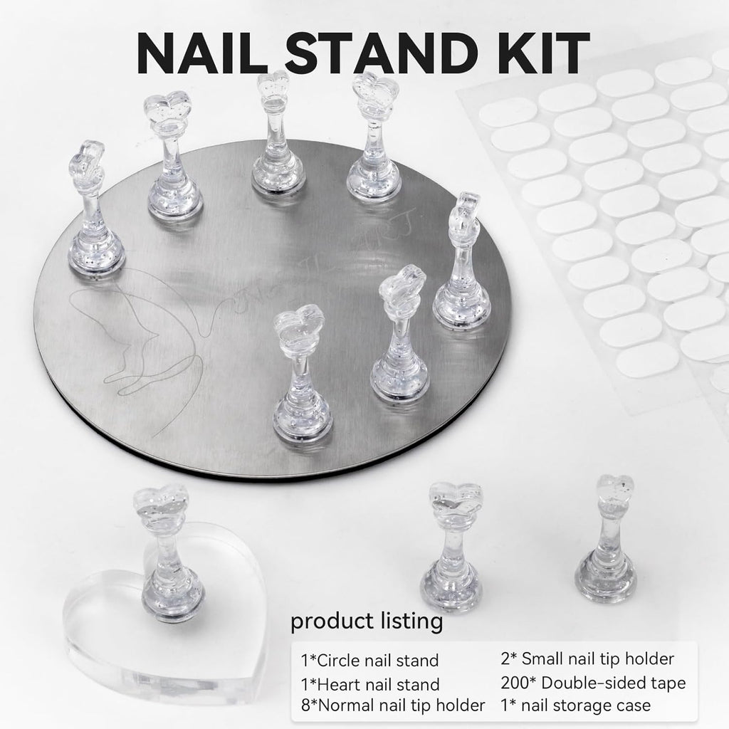 Nail Stands for Press On Nails Painting Display Practice, Powerful Magnetic Nail Tip Holders for Diy Design, Heart Nail Art Stand with 200 PCS Double-Sided Tapes Home Salon Use (Silver)