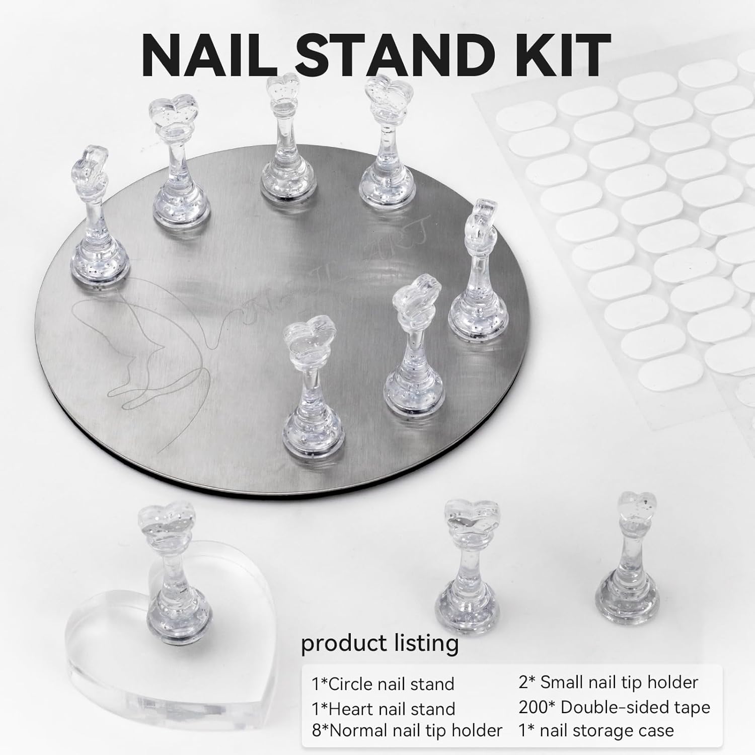 Nail Stands for Press On Nails Painting Display Practice, Powerful Magnetic Nail Tip Holders for Diy Design, Heart Nail Art Stand with 200 PCS Double-Sided Tapes Home Salon Use (Silver)