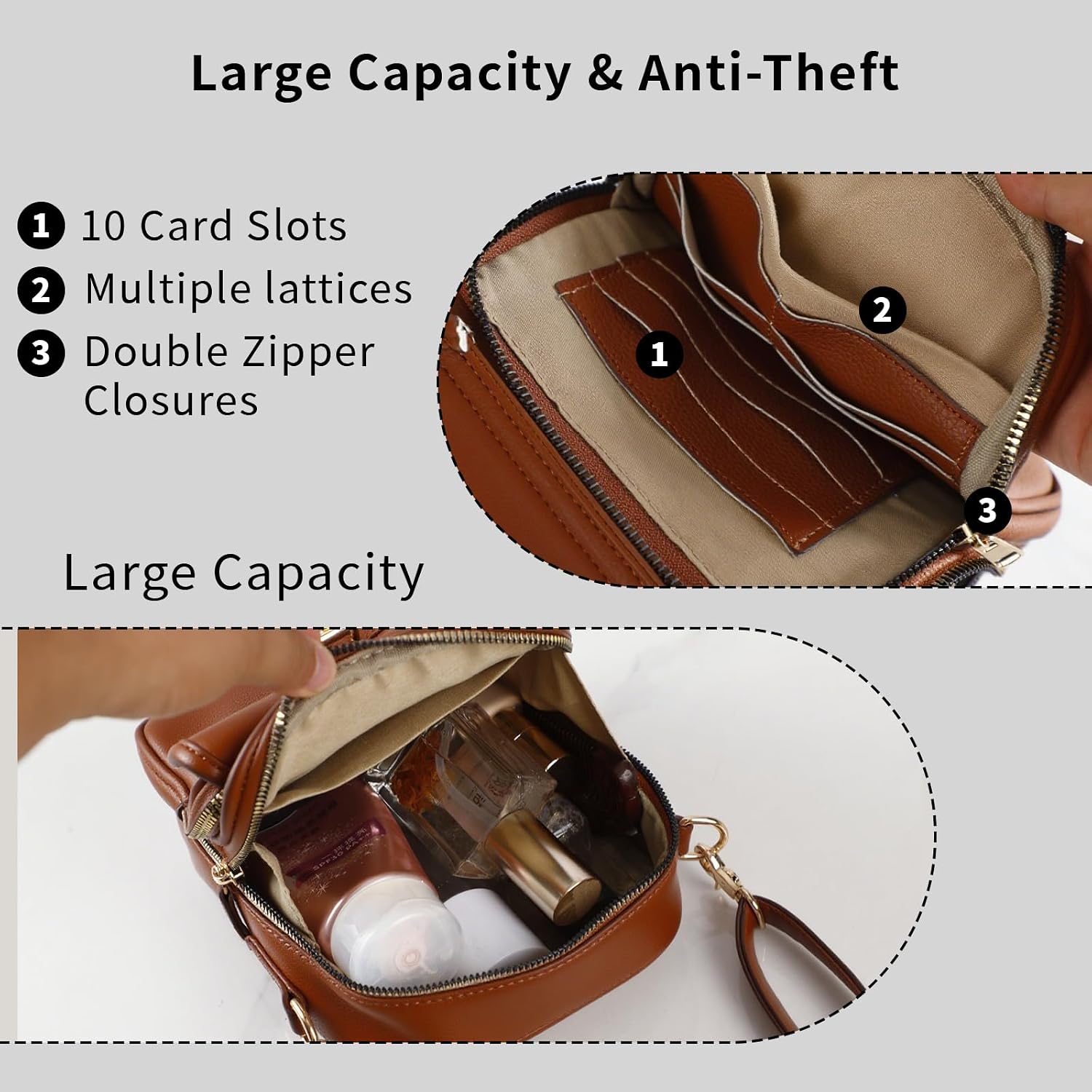 Leather Crossbody Bag For Women,Anti-Theft Messenger Bag With Large Capacity,Built-In Purse Card Slots Shoulder Sling Bag