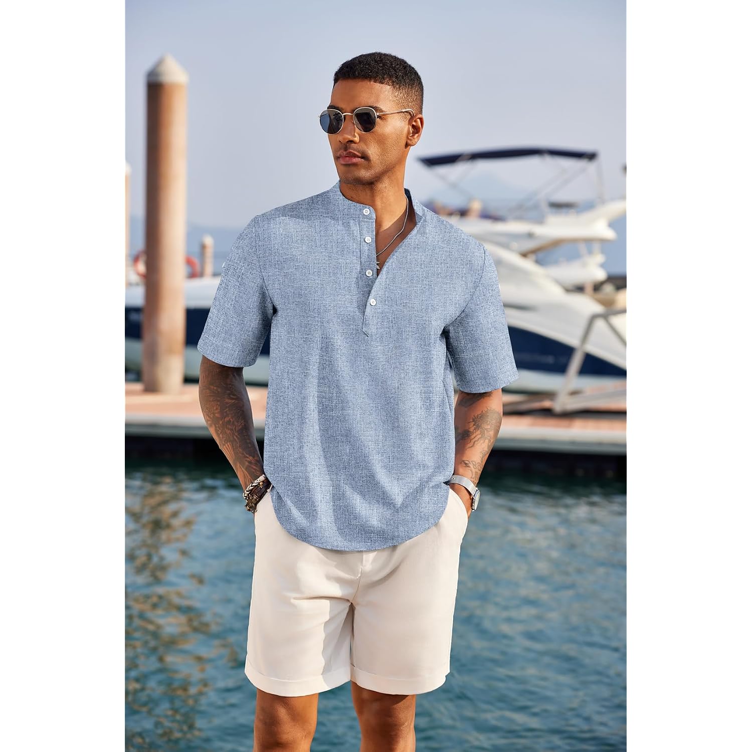 Coofandy Men'S Casual Henley Shirt Short Sleeve Band Collar Linen Shirt Summer Beach Hippie T-Shirts