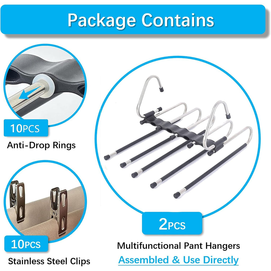 Magic Pants Hangers Space Saving - 2 Pack For Closet Multiple Layers Multifunctional Uses Rack Organizer For Trousers Scarves Slack (2 Pack With 10 Metal Clips)