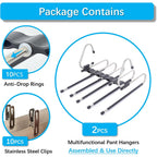 Magic Pants Hangers Space Saving - 2 Pack For Closet Multiple Layers Multifunctional Uses Rack Organizer For Trousers Scarves Slack (2 Pack With 10 Metal Clips)