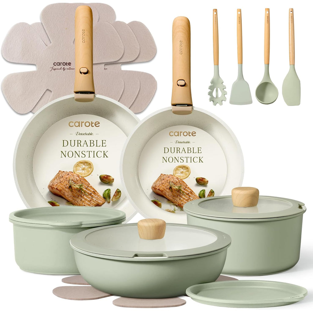 CAROTE Pots and Pans Set, Nonstick Cookware Set Detachable Handle, 19pcs Induction Kitchen Cookware Sets Non Stick with Removable Handle, RV Cookware Set, Oven Safe, Sage Green