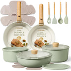 CAROTE Pots and Pans Set, Nonstick Cookware Set Detachable Handle, 19pcs Induction Kitchen Cookware Sets Non Stick with Removable Handle, RV Cookware Set, Oven Safe, Sage Green