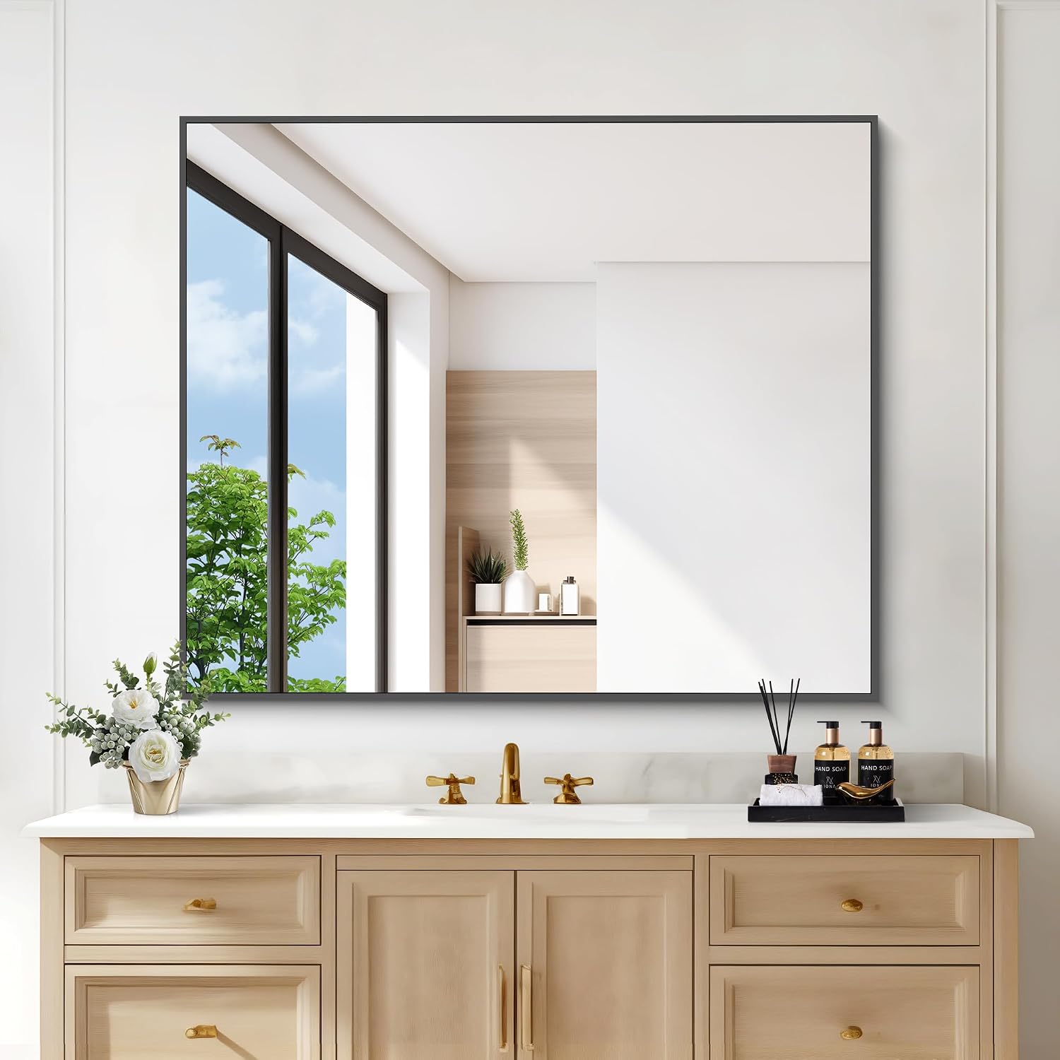 Black Bathroom Mirror For Wall, 30X36 Inch Rectangle Mirrors With Metal Frame, Modern Vanity Wall Mirror Decor For Entryway Hangs, Bathroom Living Room Horizontal Or Vertical