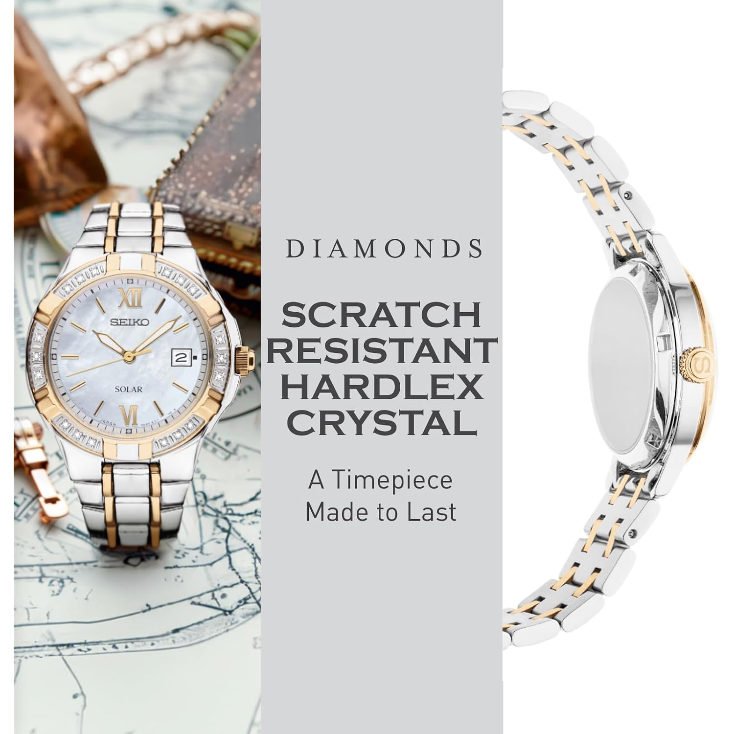 Seiko Sut068 Watch For Women - Diamond Collection - With 18 Diamond Accents, Solar Power, Mother-Of-Pearl Dial, Two-Tone Gold Stainless Steel Case & Bracelet, And Water-Resistant To 50M