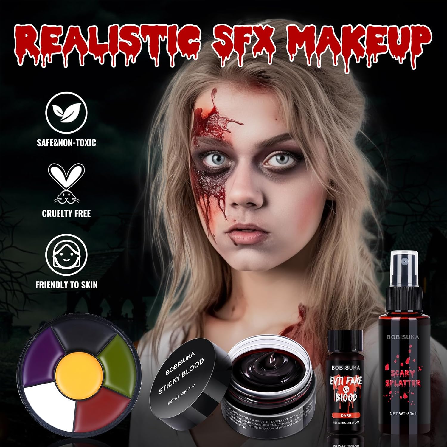 Special Effects SFX Halloween Makeup Kit - Bruise Makeup Face Body Painting Palette, Scar Wax, Liquid Latex, Fake Blood Splatter Spray, Coagulated Blood Gel, Stipple Sponges, Cotton Swab