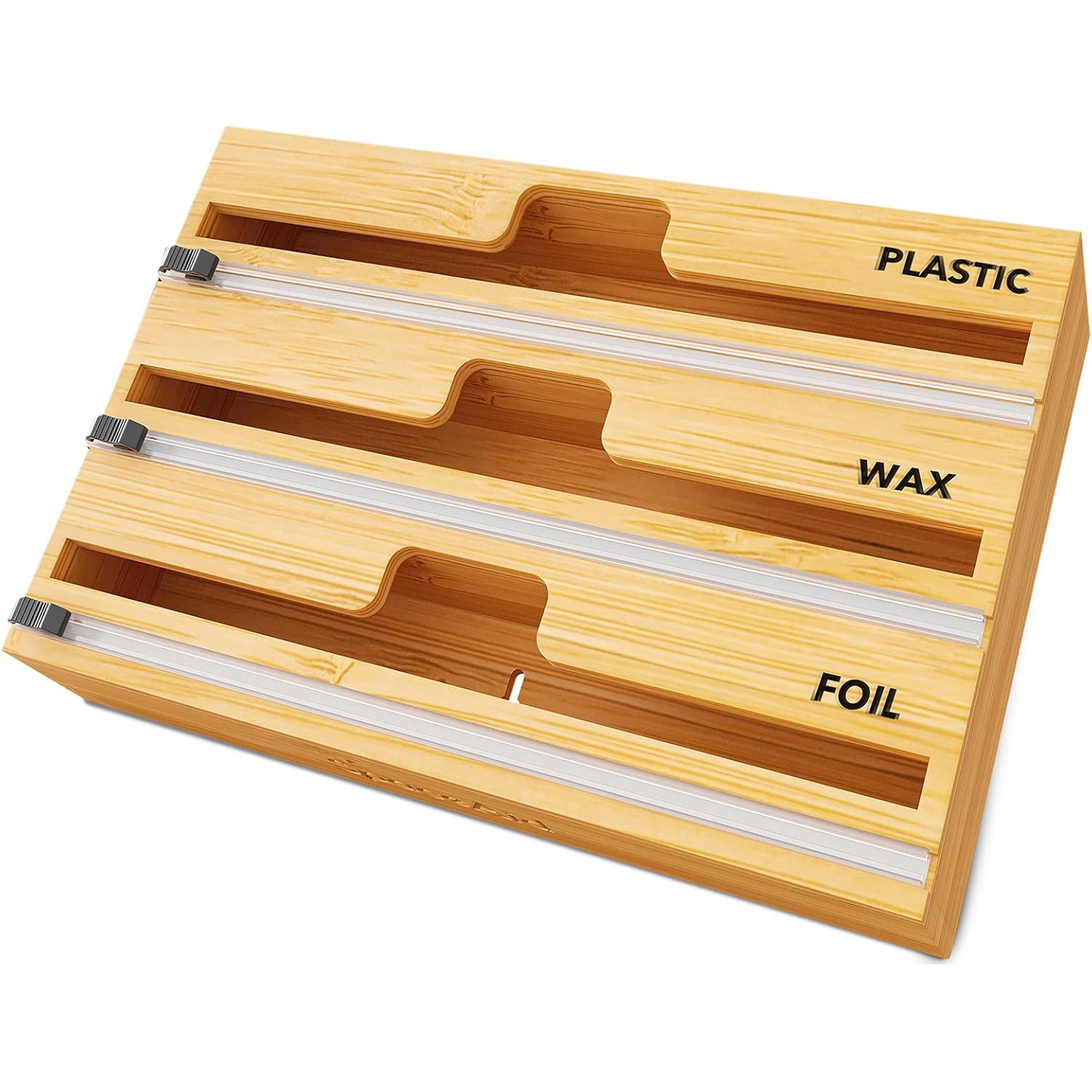 Spaceaid Wrapneat 3 In 1 Wrap Organizer With Cutter And Labels, Plastic Wrap, Aluminum Foil And Wax Bamboo Dispenser For Kitchen Storage Organization Holder For 12" Roll (Natural)