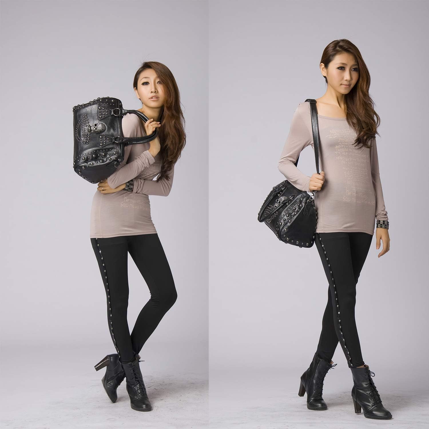 Women Skull Handbag Large Capacity Gothic Shoulder Bag Studded Doctor Handbag