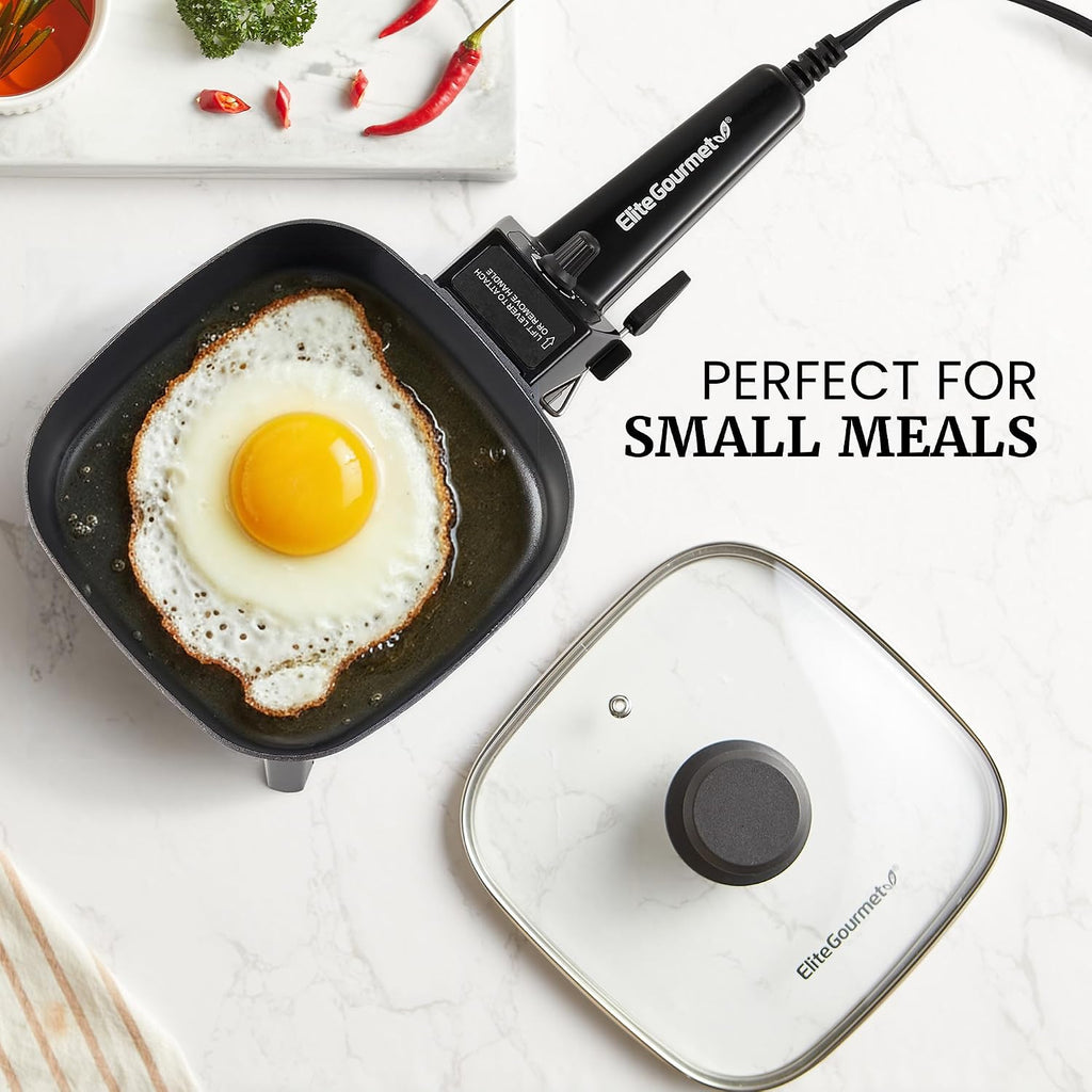 Elite Gourmet Efs059 Personal Electric Skillet, 7” Compact Portable Cooker, Adjustable Temperature, 600W Rapid Heating, Nonstick Surface, Tempered Glass Lid, Removable Handle, Black
