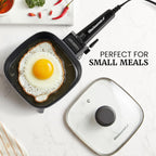 Elite Gourmet Efs059 Personal Electric Skillet, 7” Compact Portable Cooker, Adjustable Temperature, 600W Rapid Heating, Nonstick Surface, Tempered Glass Lid, Removable Handle, Black