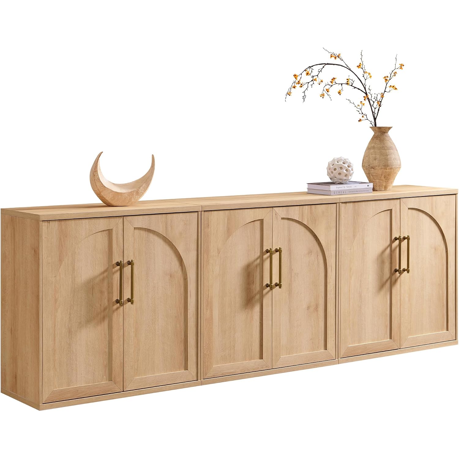 Arched Door Sideboard Buffet Cabinet Set Of 3, Natural Oak | Modular, Multi-Compartment Storage, Adjustable Shelf, Soft Close Hinges, Freestanding, For Dining Room, Living Room