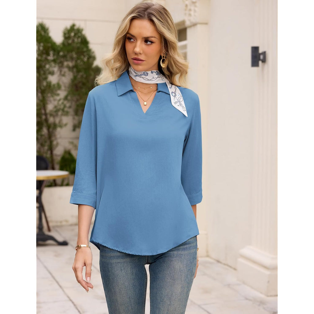 Womens 3/4 Sleeve Tops V Neck Cotton Linen Work Blouse Collared Shirts for Women Business Casual 2026