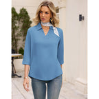 Womens 3/4 Sleeve Tops V Neck Cotton Linen Work Blouse Collared Shirts for Women Business Casual 2026
