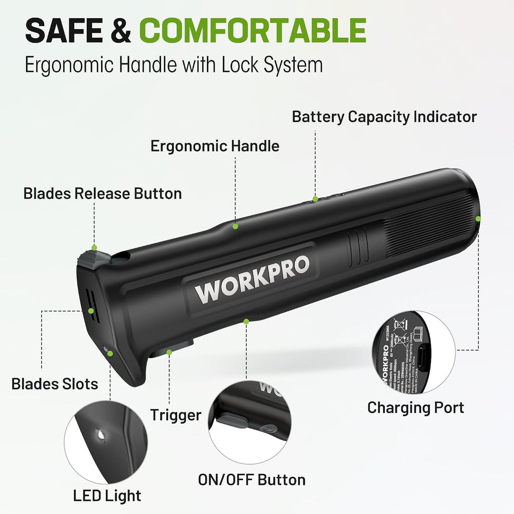 Workpro Electric Knife For Meat Slicing, Cordless Electric Carving Knife For Turkey, Fish & Bread, Two Stainless Steel Blades, Ergonomic Handle, Storage Case & Serving Fork Included, Black