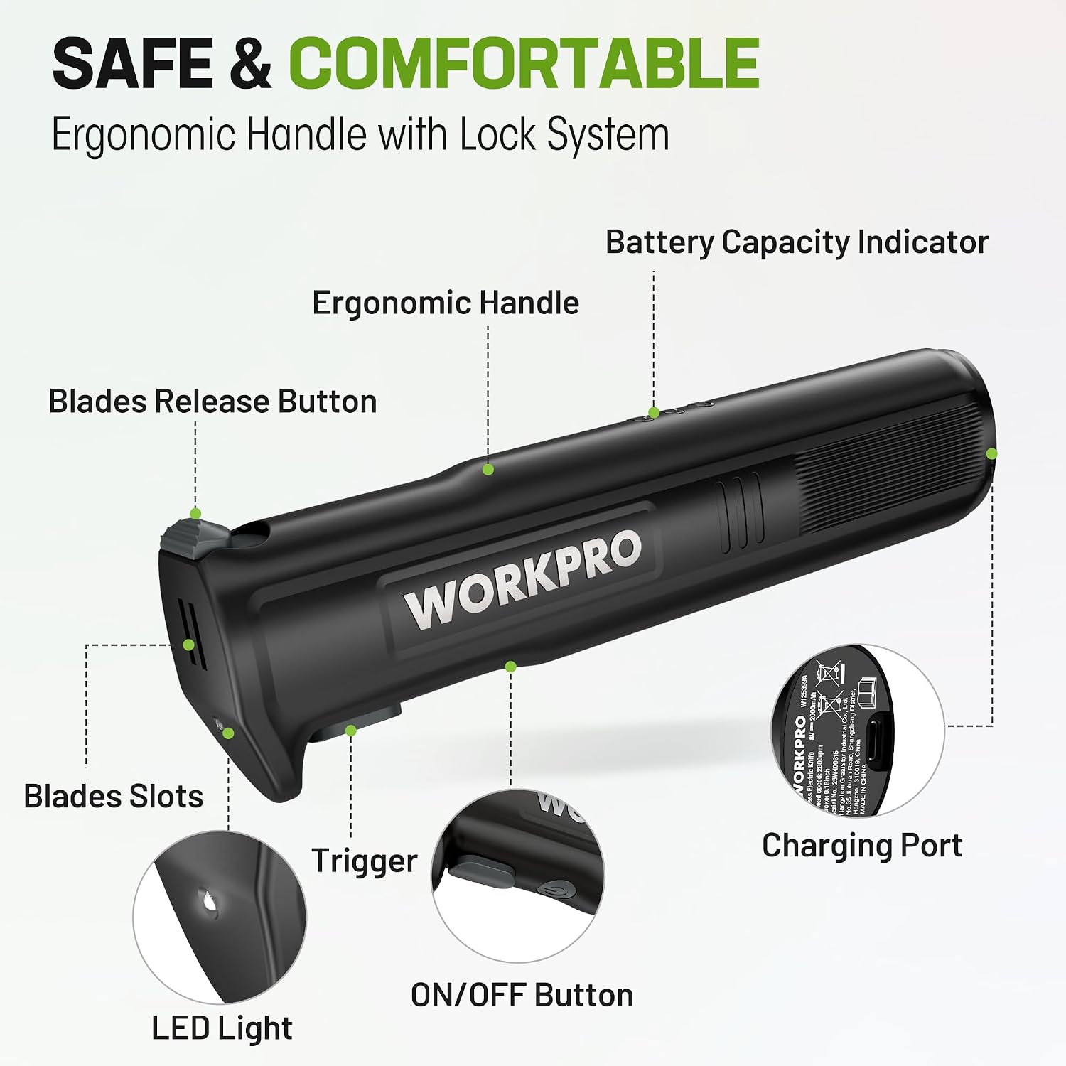 Workpro Electric Knife For Meat Slicing, Cordless Electric Carving Knife For Turkey, Fish & Bread, Two Stainless Steel Blades, Ergonomic Handle, Storage Case & Serving Fork Included, Black