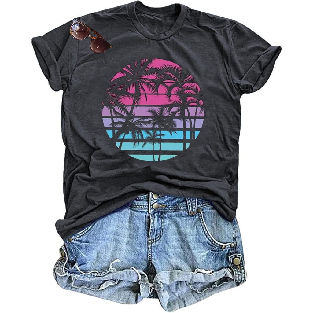 Hawaiian Shirts for Women Palm Trees Beach Graphic Tee Tops Summer Vacation Short Sleeve Tshirt Tops