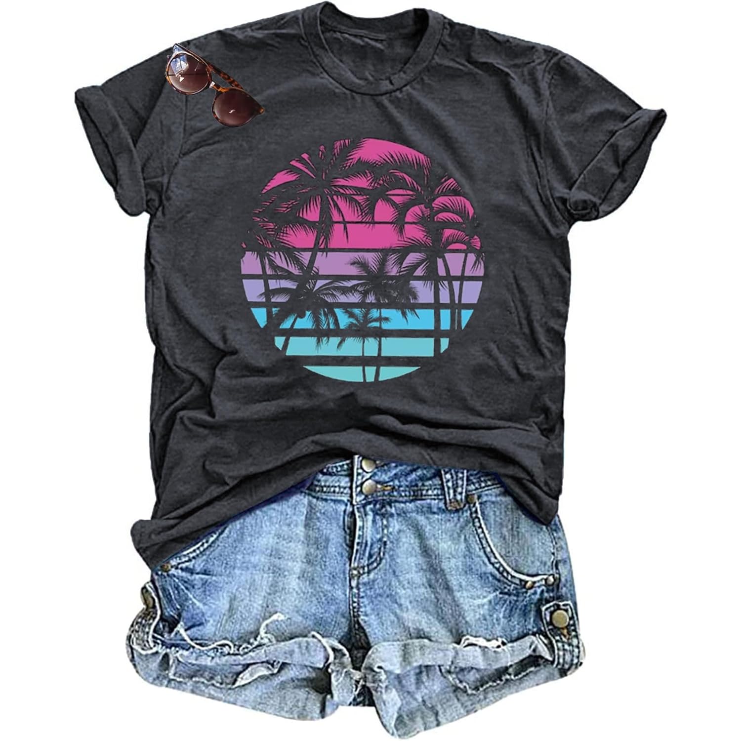 Hawaiian Shirts for Women Palm Trees Beach Graphic Tee Tops Summer Vacation Short Sleeve Tshirt Tops
