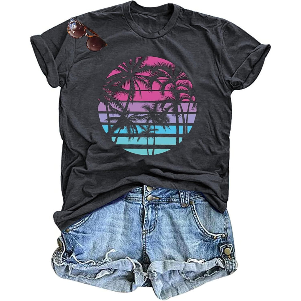 Hawaiian Shirts for Women Palm Trees Beach Graphic Tee Tops Summer Vacation Short Sleeve Tshirt Tops Dark Grey
