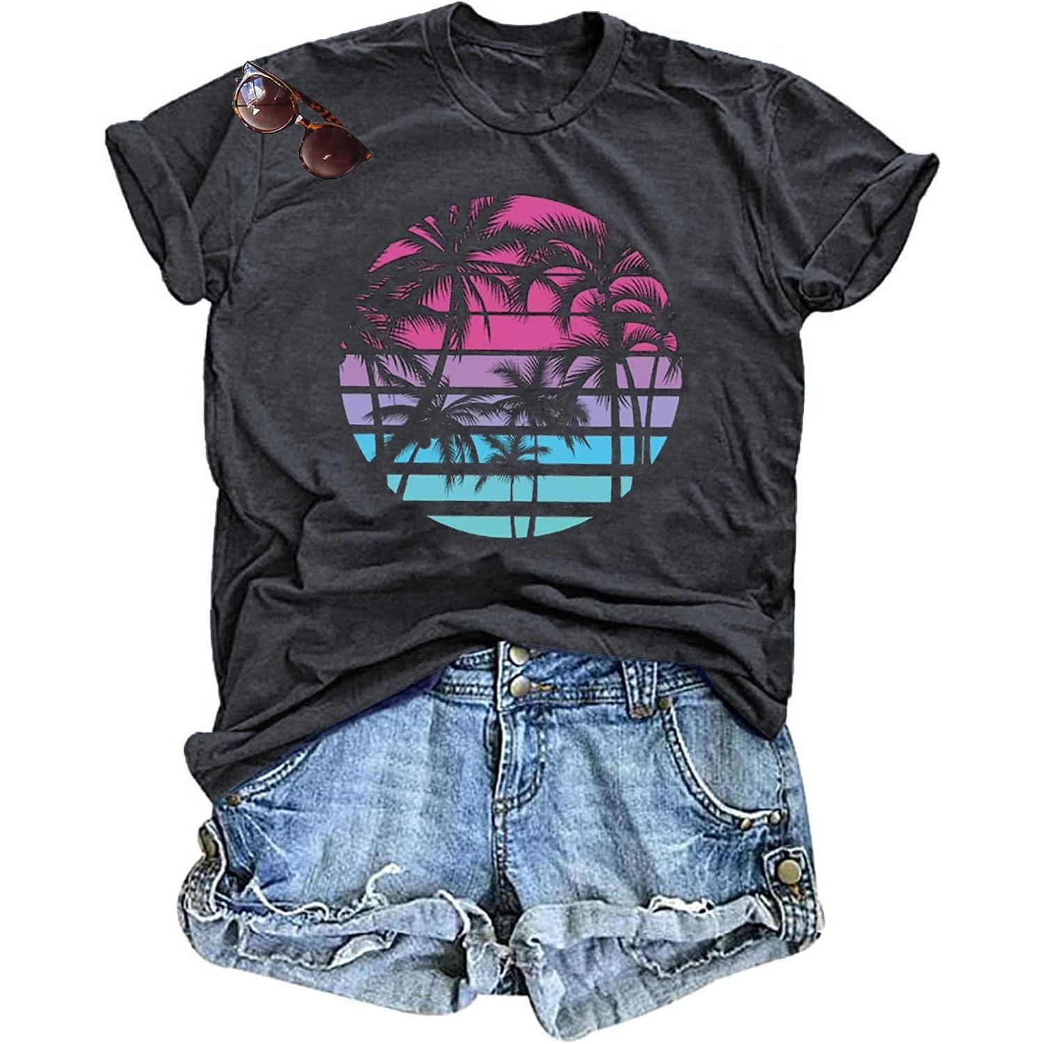 Hawaiian Shirts for Women Palm Trees Beach Graphic Tee Tops Summer Vacation Short Sleeve Tshirt Tops Dark Grey